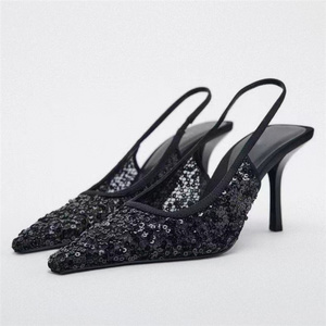 sandales femme sandalias mujer new spring black high heels pointed sequins shallow mouth fine heel fashion sandals women