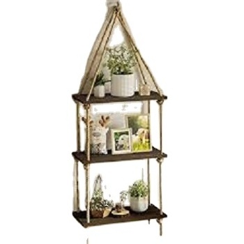 Hot amazon sale Wooden Shelf With Jute Wood Swing Hanging Rope Floating Shelves by gm impex