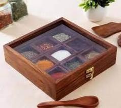 Natural finished solid wood piece box square handmade wooden spice box with 9 containers at cheap price