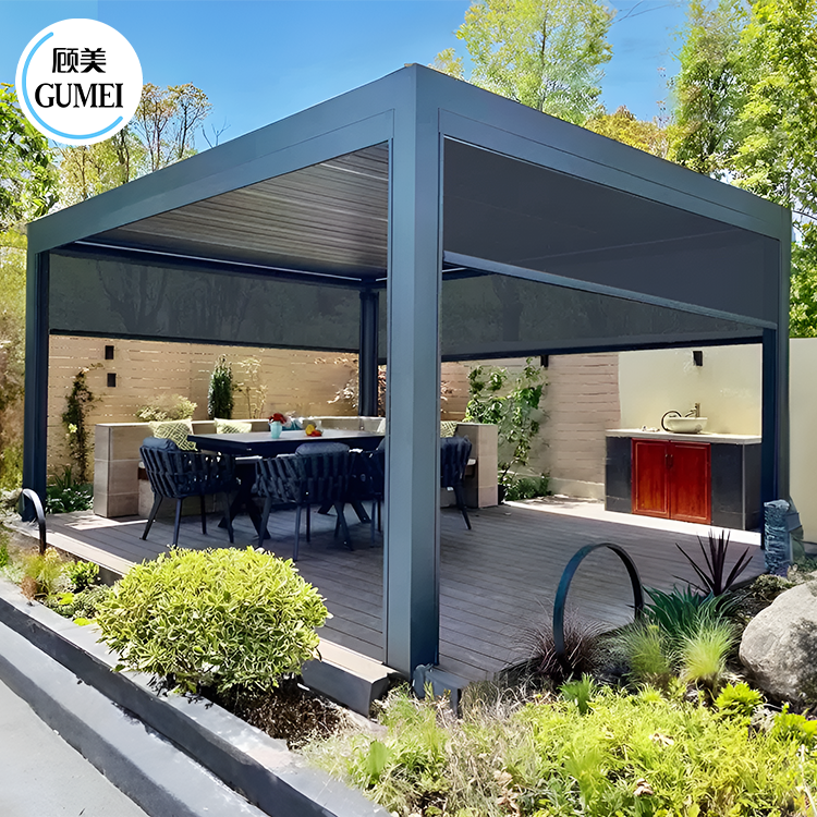 Customized Bioclimatic Waterproof Motorized Aluminium Outdoor Pergola Louvered Roof Gazebo With Glass Door