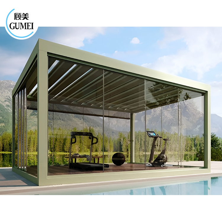 Customized Bioclimatic Waterproof Motorized Aluminium Outdoor Pergola Louvered Roof Gazebo With Glass Door