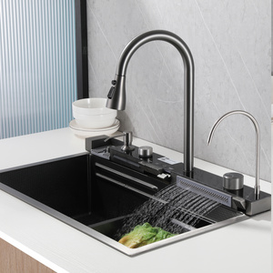 Waterfall whole set kitchen sink and faucet accessories Stainless Steel countertop kitchen sink include pullout kitchen faucet