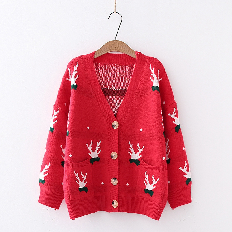 2023 Ladies Christmas Pattern Clothing High Quality Long Sleeve Button Pocket Fashion Women Knitted Cardigan