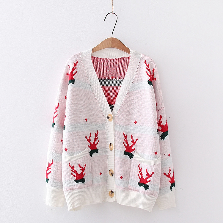 2023 Ladies Christmas Pattern Clothing High Quality Long Sleeve Button Pocket Fashion Women Knitted Cardigan