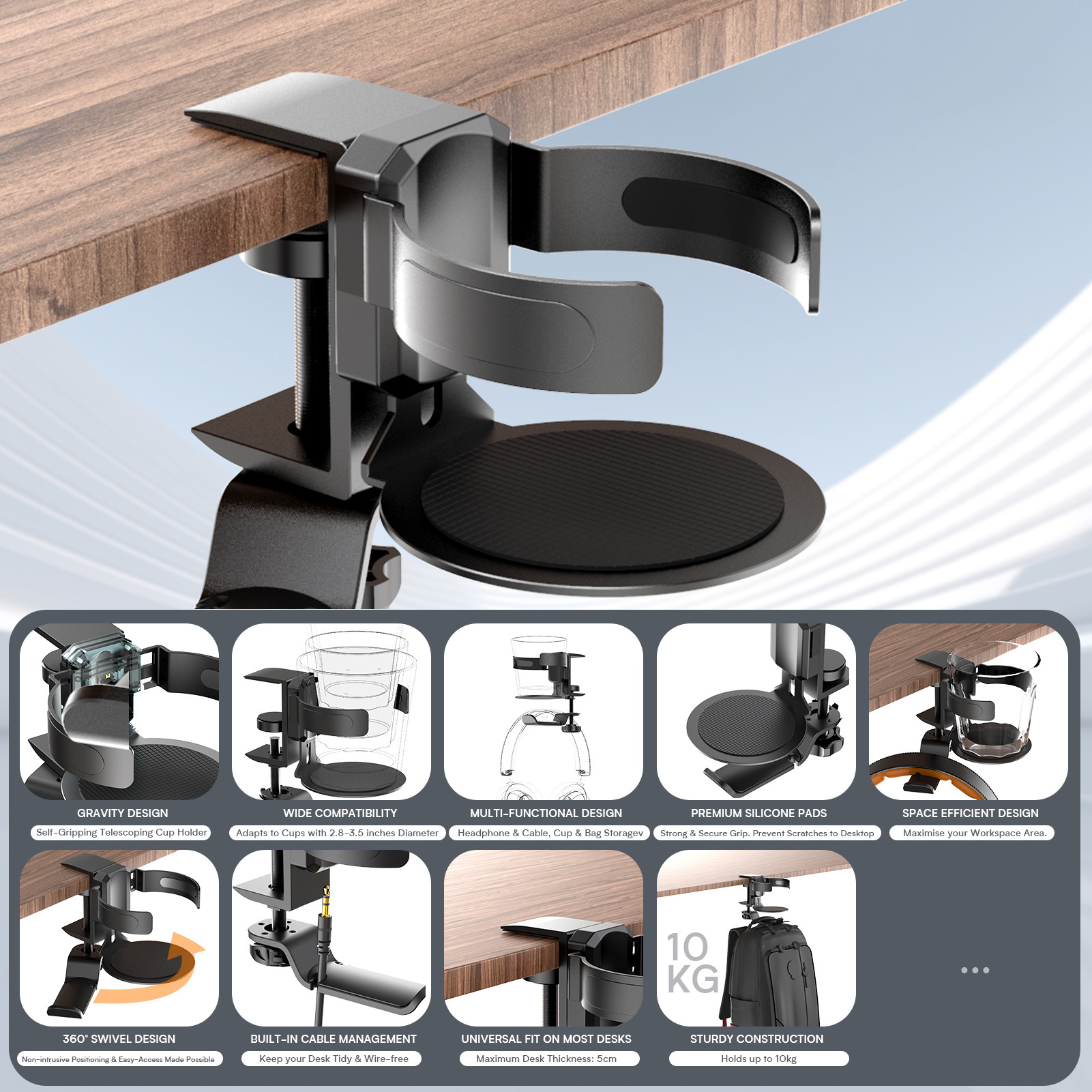 Universal Under Table Telescoping Cup Holder 360 Rotation Bag Hanger Stand Hook With Cable Organizer Headphone Holder