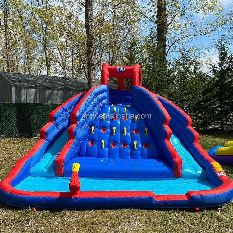 Hot sale blow up kid colorful bounce house with pool inflatable rock clambing double lane water slide for kid party