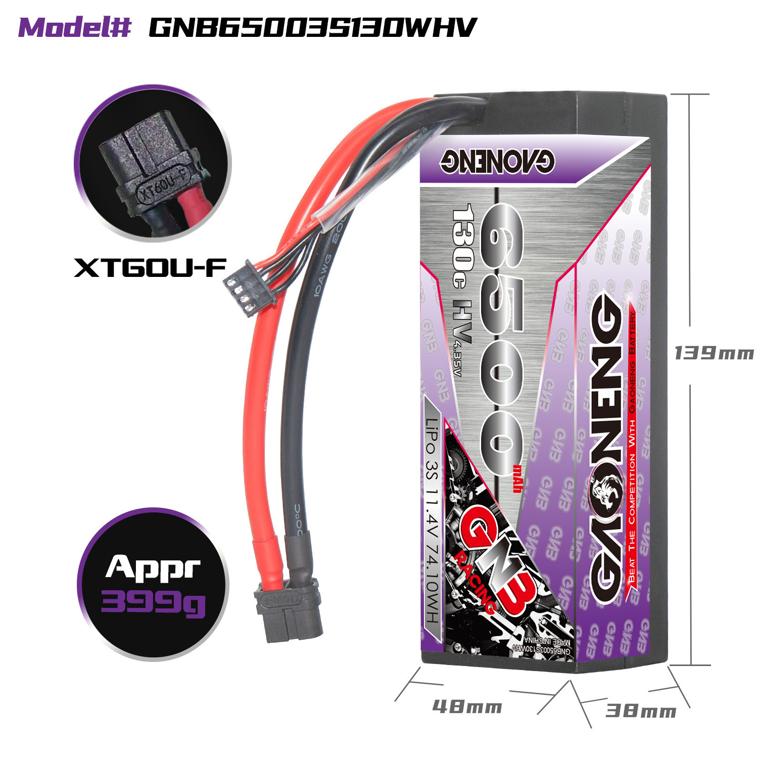 GNB GAONENG 6500MAH 3S HV 11.4V 130C XT60 RC LiPo Battery Cabled Hard Case for 1/8 1/10 RC Racing Car Boat RC Hobby