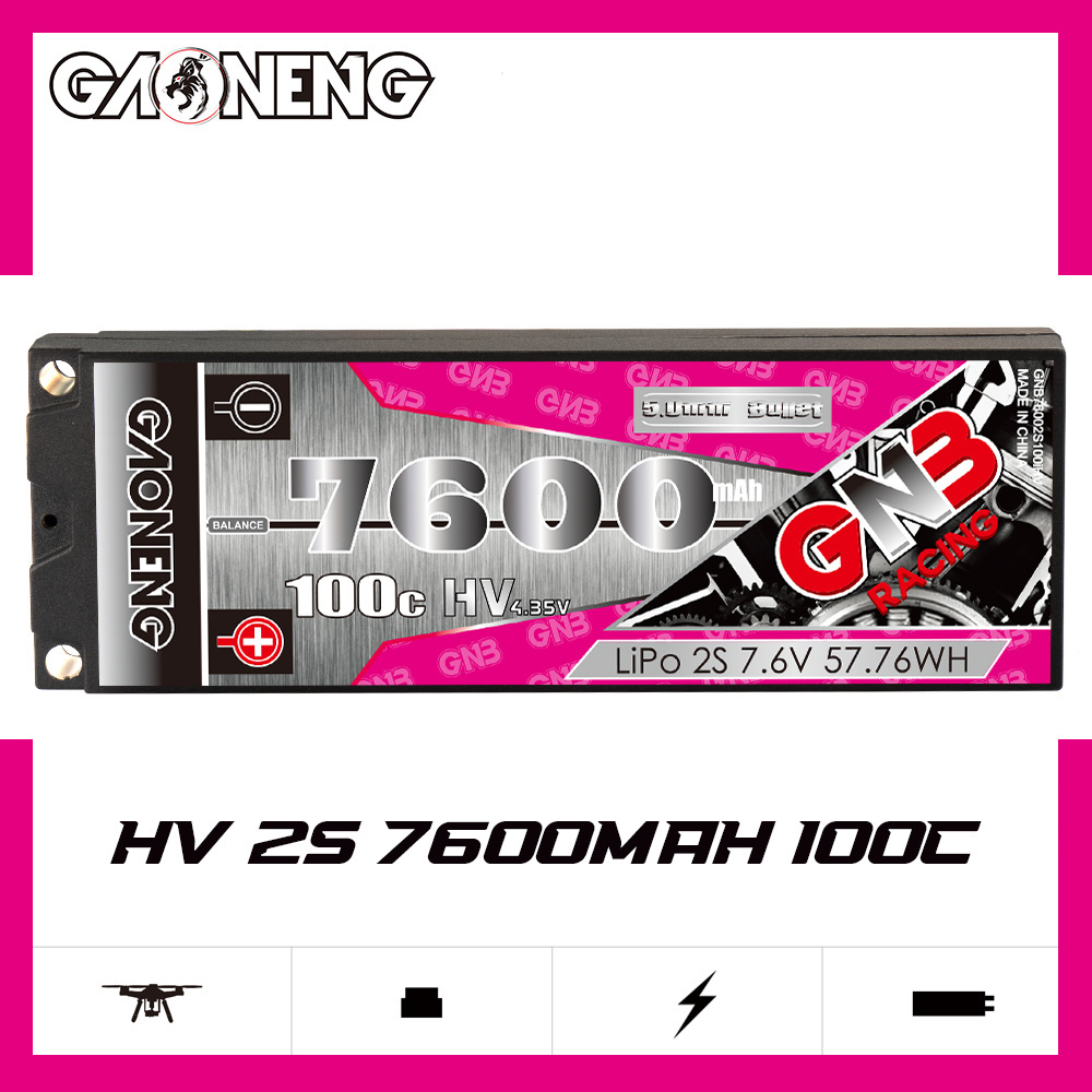 GNB GAONENG 7600MAH 2S HV 7.6V 100C RC LiPo Battery Racing Car Hard Case 5mm 5.0mm bullet 1:10 1/10 scale LiHV High Voltage