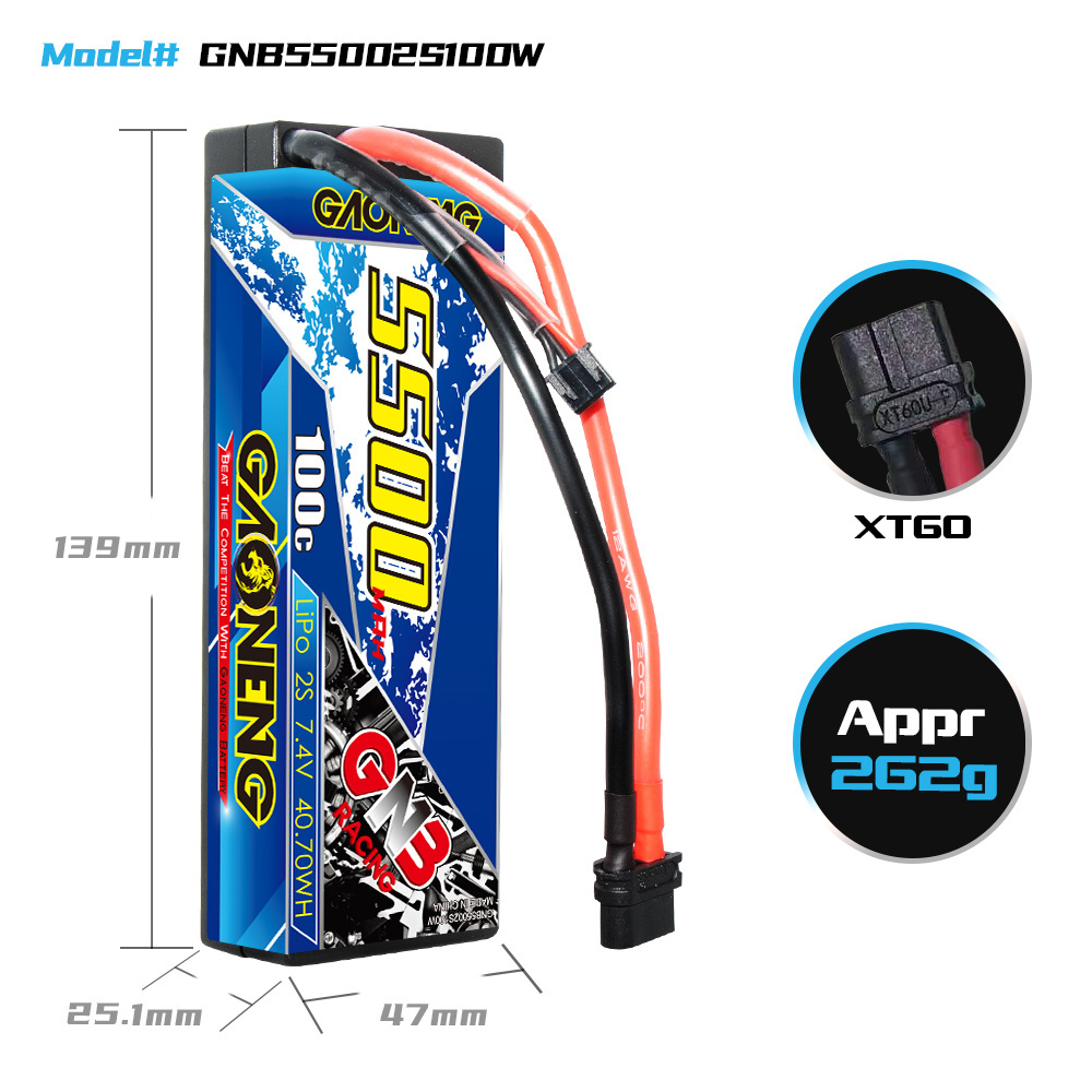 GNB GAONENG 5500MAH 2S 7.4V 100C 200C Cabled Hard case XT60 RC LiPo Battery RC Car Baot 1:10 1/10 updated from 5000MAH 5200MAH