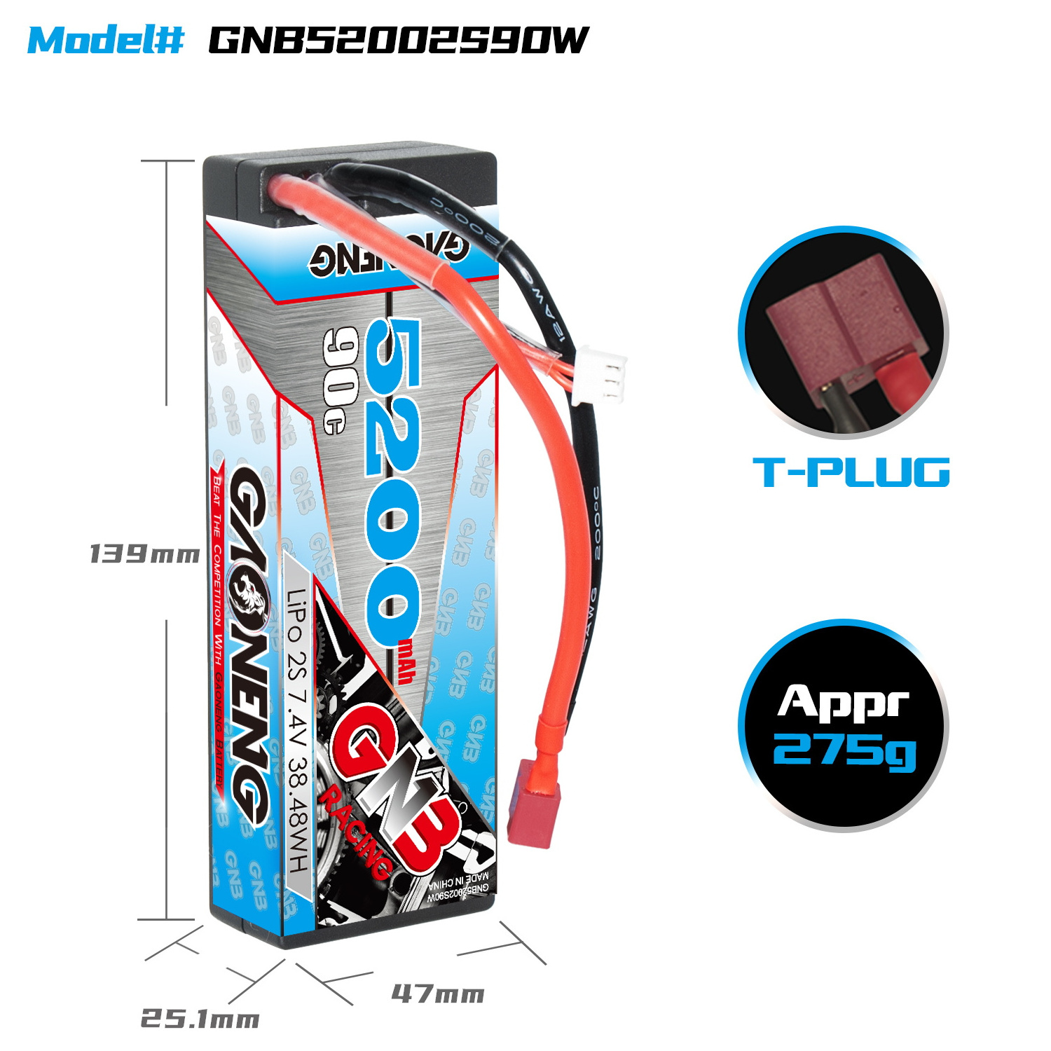 GNB GAONENG 5200MAH 2S 7.4V 90C T-PLUG RC LiPo Battery Cabled Hard Case Stick Pack 1:10 1/10 Racing Car Boat Hobby