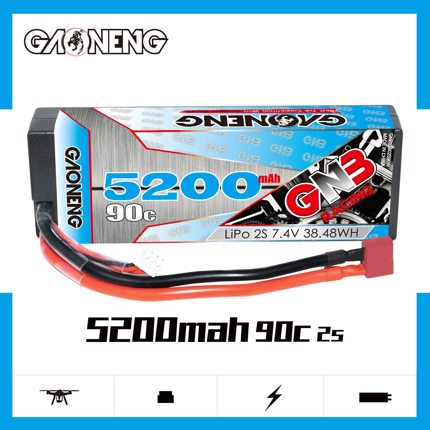 GNB GAONENG 5200MAH 2S 7.4V 90C T-PLUG RC LiPo Battery Cabled Hard Case Stick Pack 1:10 1/10 Racing Car Boat Hobby