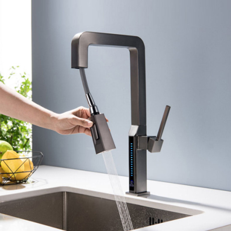 New smart digital display simple gun gray all copper household faucet kitchen pull hot and cold dish basin rotary faucet