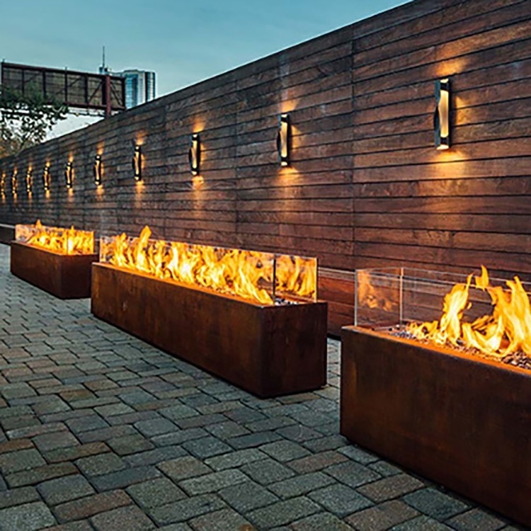 Low Smoke Gas Firepit Manufacturer Heavy Gauge Propane Fire Table Outdoor Rectangular 150cm Corten Steel Fire Pit