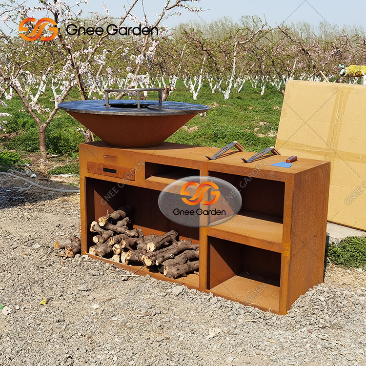 Heavy Duty Metal Grills BBQ Europe New Design Garden Kitchens Fire Pit Barbeque Corten Steel Outdoor Charcoal BBQ Grill