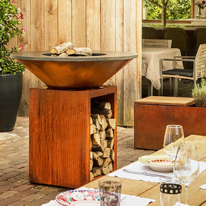 Outdoor BBQ plate corten steel fire pit with log store