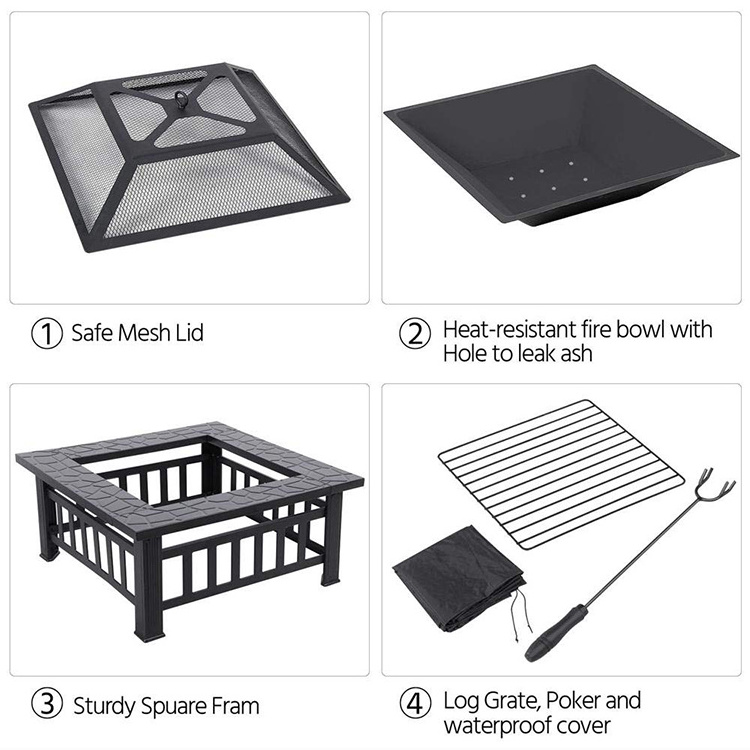 Outdoor Wood Burning Squrae Table Fire Pit with Spark Screen