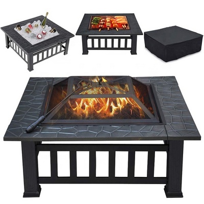 Outdoor Wood Burning Squrae Table Fire Pit with Spark Screen