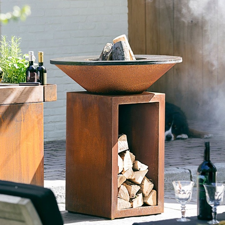 Outdoor BBQ plate corten steel fire pit with log store