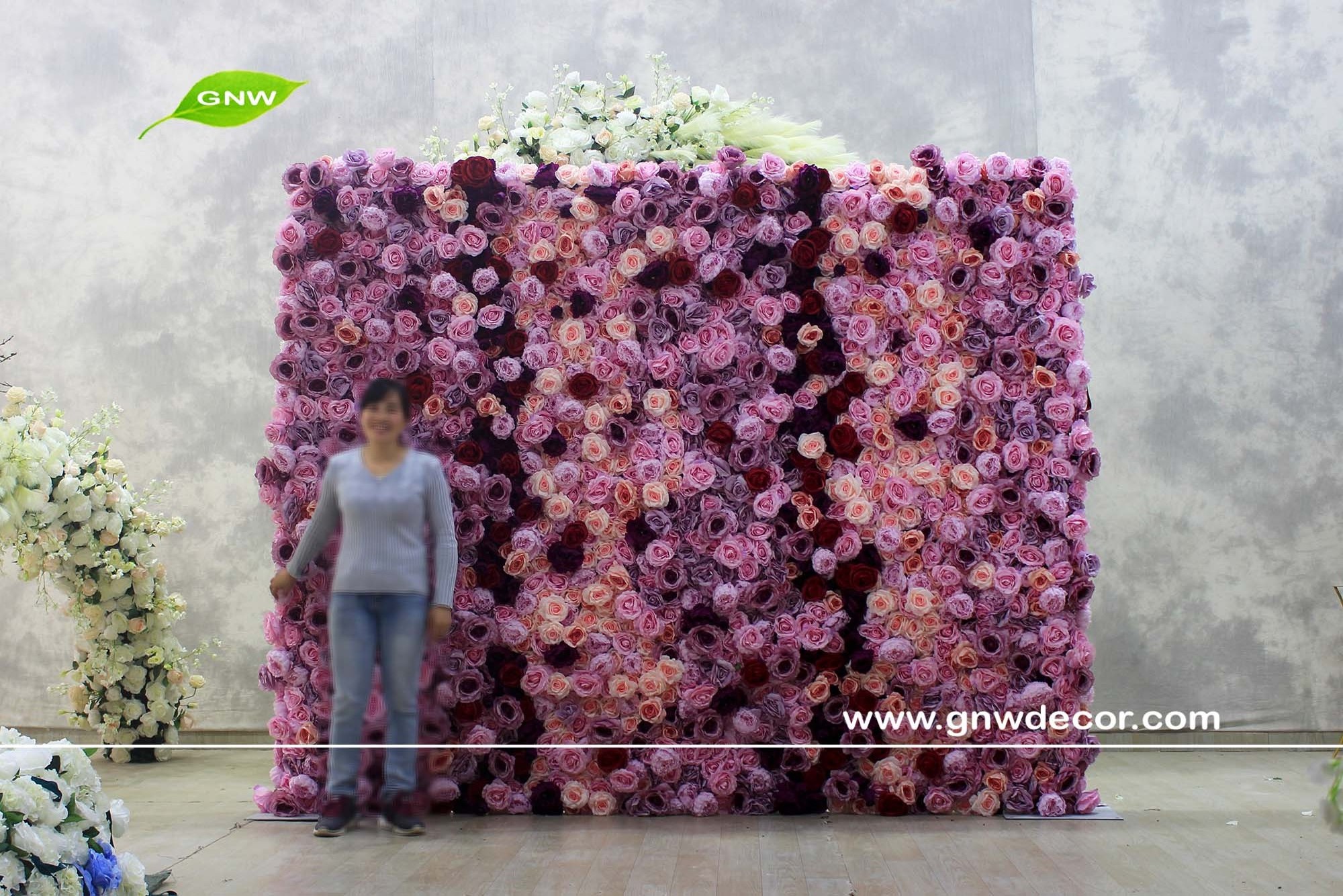 GNW Purple artificial Flowers Wall  For Wedding Backdrop  wedding roll up flower  wall artificial flower decor  silk decorations