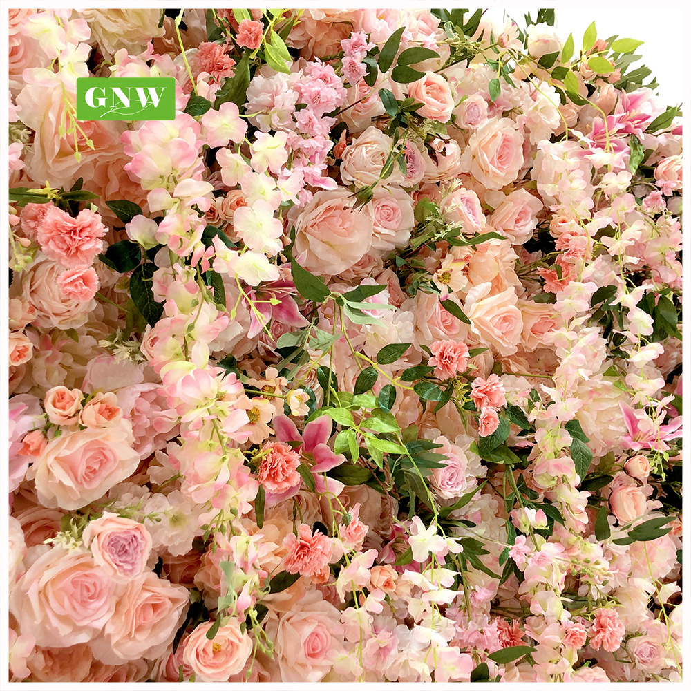 GNW 3D Rolled Up pink flower backdrop party Decoration or Wedding Party  Decorative Flowers Green Leaves artificial Plant Wall