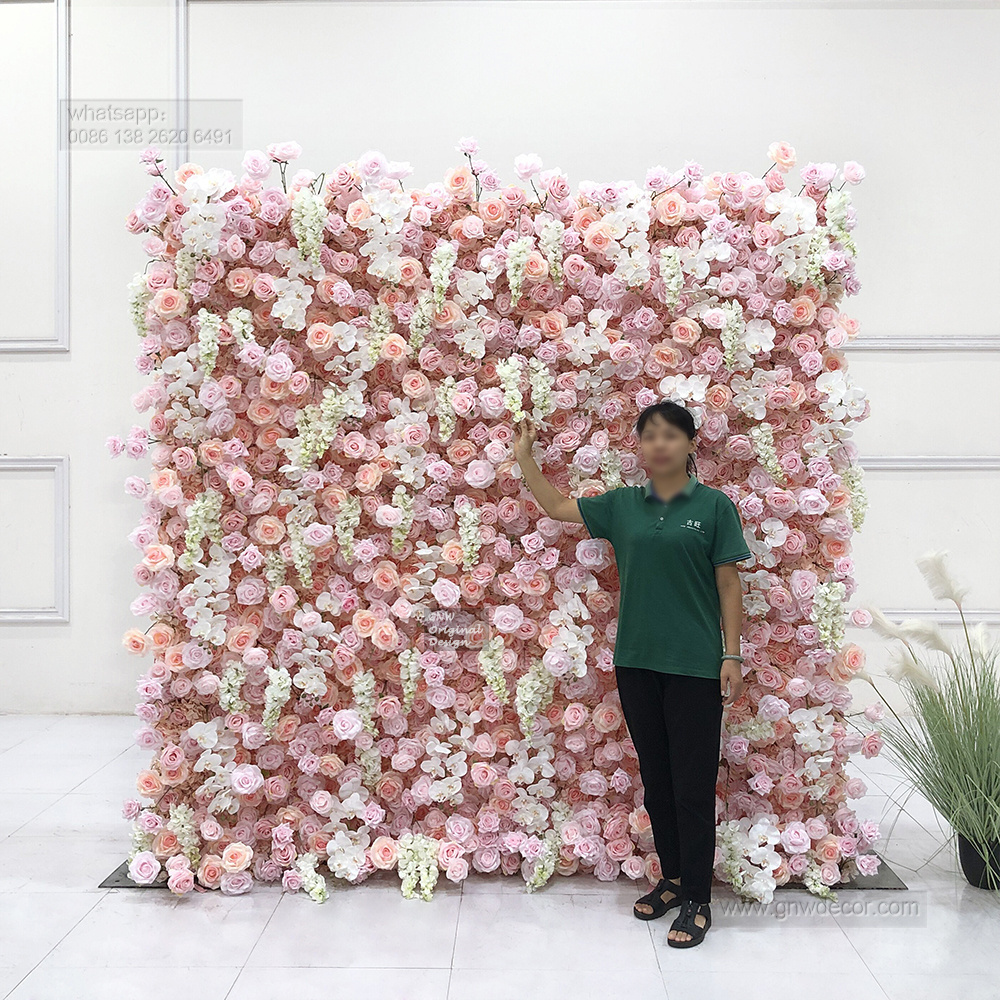 GNW 3D Rolled Up pink flower backdrop party Decoration or Wedding Party  Decorative Flowers Green Leaves artificial Plant Wall