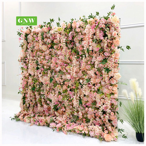 GNW 3D Rolled Up pink flower backdrop party Decoration or Wedding Party  Decorative Flowers Green Leaves artificial Plant Wall