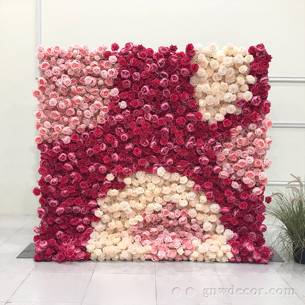 GNW Hot sale Artificial silk rose wall wedding decoration artificial flower backdrop event Art 5d flower wall