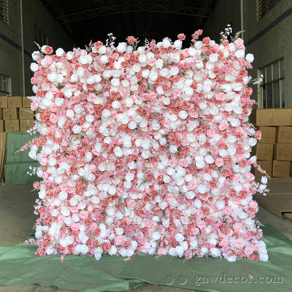 GNW 3D Rolled Up pink flower backdrop party Decoration or Wedding Party  Decorative Flowers Green Leaves artificial Plant Wall