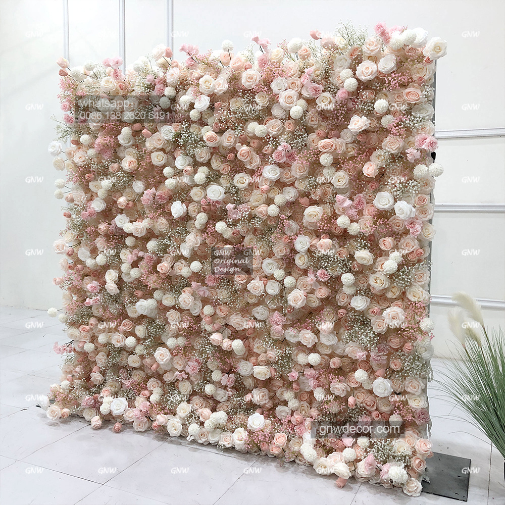 GNW  Wedding Home Decor Floral Background Mat Pink Silk Artificial  Rose Flower Wall Backdrop Panel