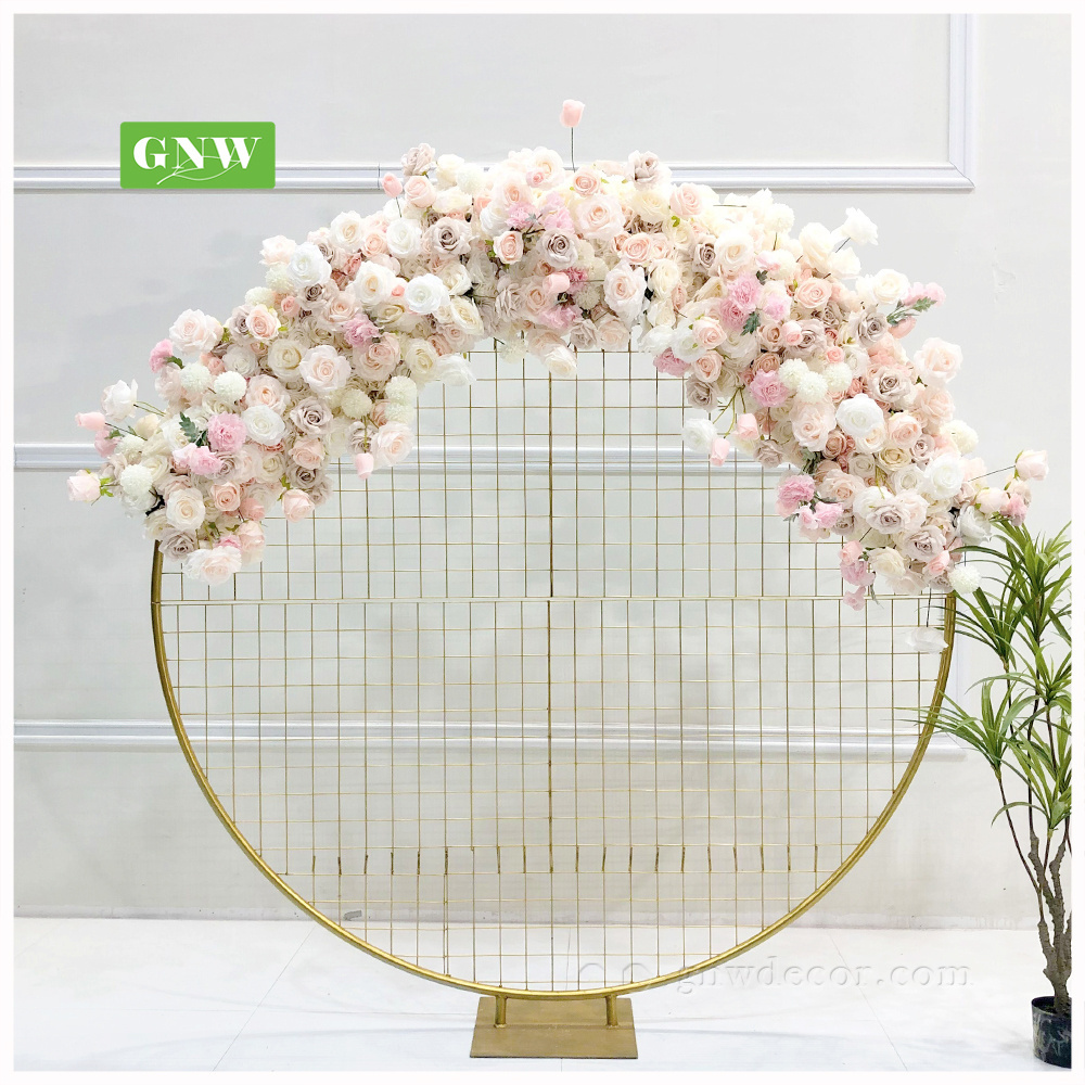 GNW Factory Handmade Moon Shape Arch Pampas Rose Leaves  Plants Wedding  Artificial Flower Arch With Metal Frame