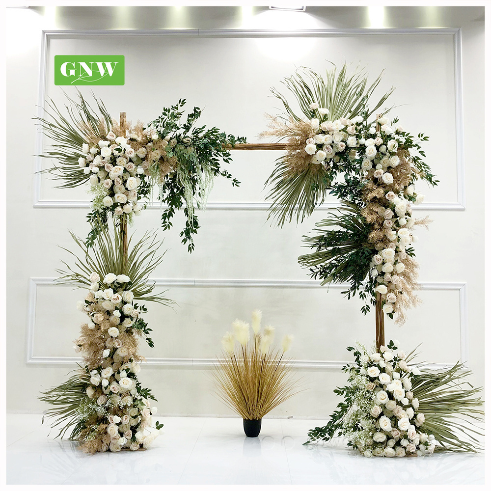 GNW Factory Handmade Moon Shape Arch Pampas Rose Leaves  Plants Wedding  Artificial Flower Arch With Metal Frame