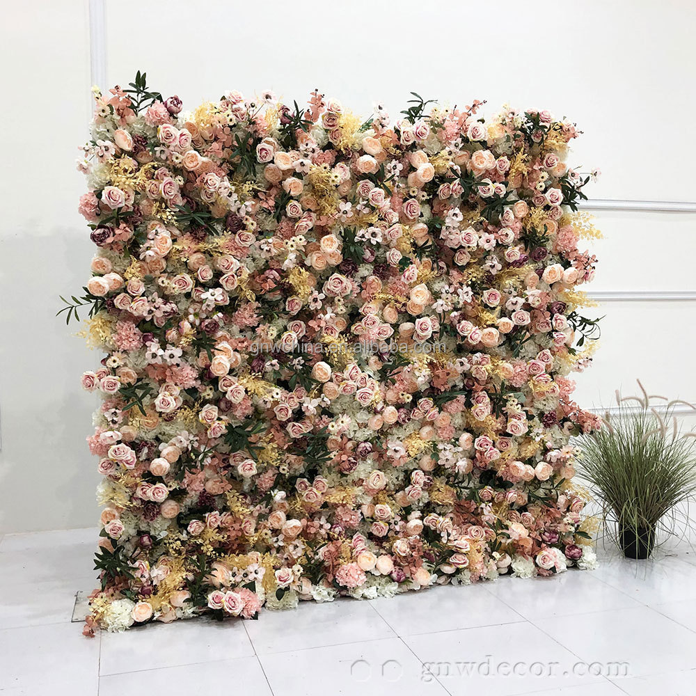 GNW Supplies Nice Quality 3D Wedding Decor Backdrop Plant Silk Roll-up Panel Artificial Flowers Decorative Rose Wall