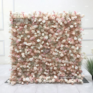 GNW  Wedding Home Decor Floral Background Mat Pink Silk Artificial  Rose Flower Wall Backdrop Panel