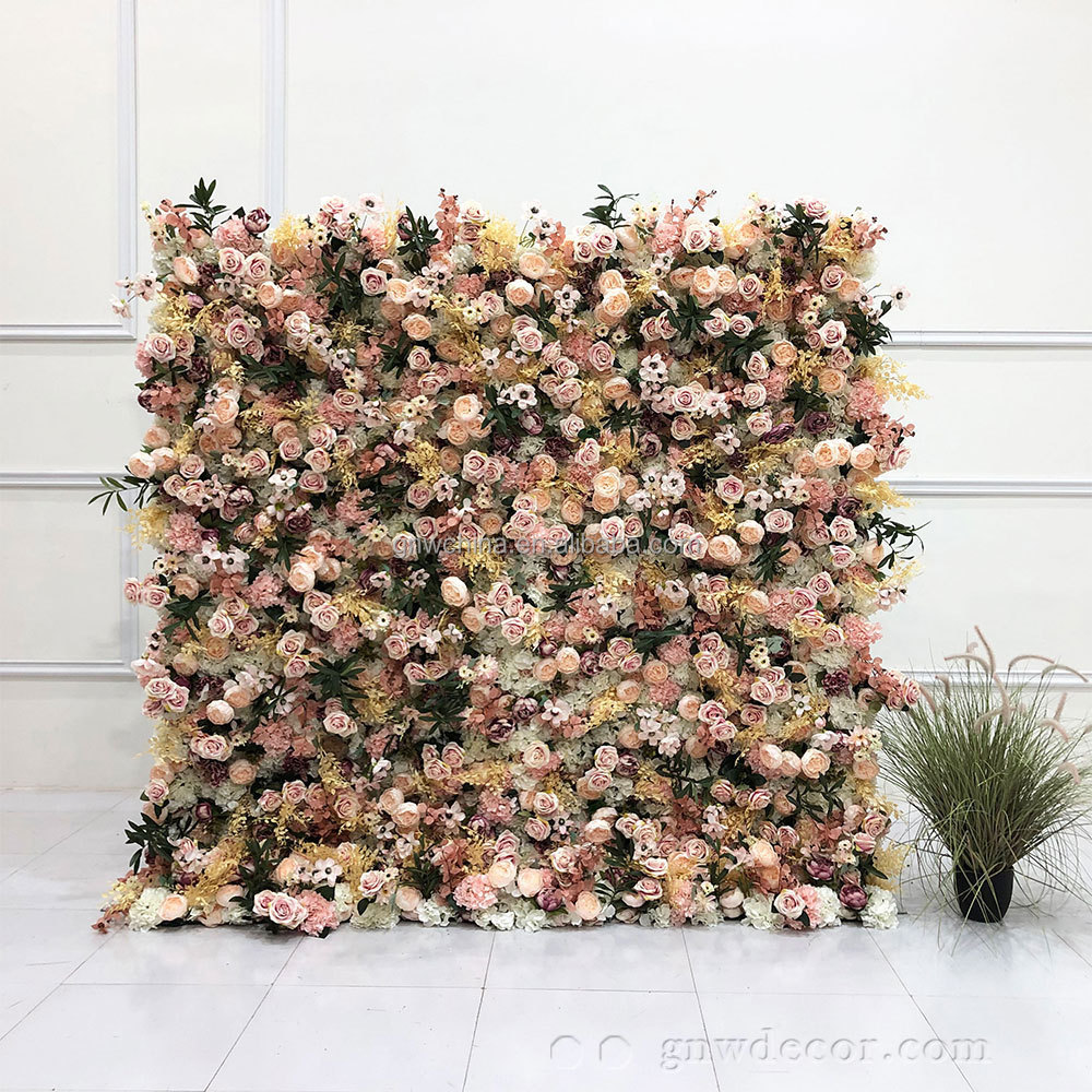 GNW Supplies Nice Quality 3D Wedding Decor Backdrop Plant Silk Roll-up Panel Artificial Flowers Decorative Rose Wall