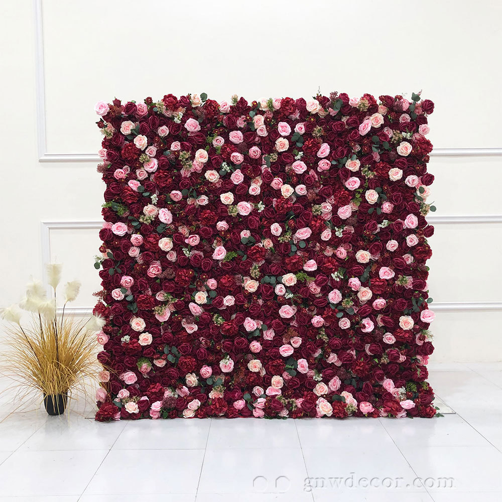 GNW Supplies Nice Quality 3D Wedding Decor Backdrop Plant Silk Roll-up Panel Artificial Flowers Decorative Rose Wall