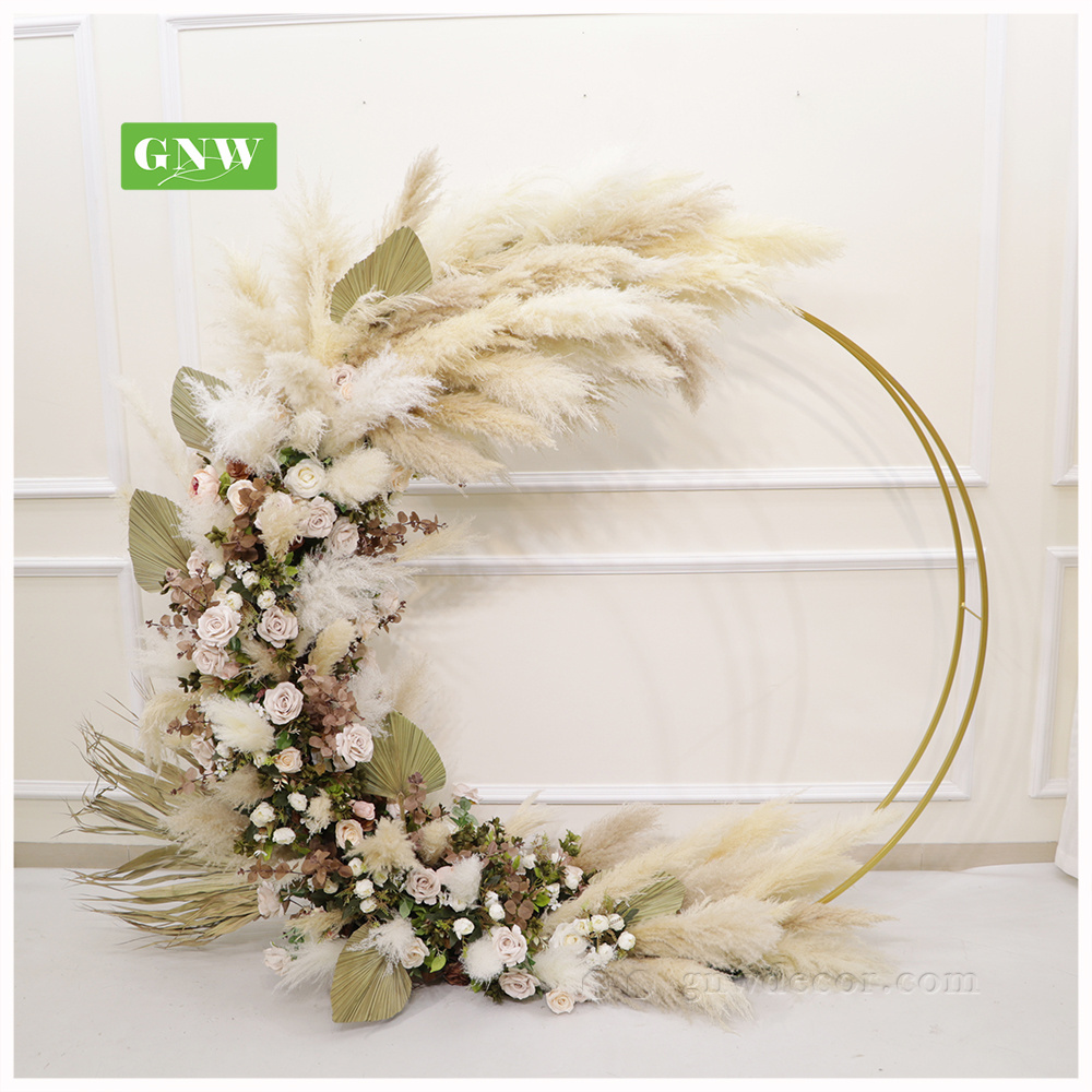 GNW Factory Handmade Moon Shape Arch Pampas Rose Leaves  Plants Wedding  Artificial Flower Arch With Metal Frame