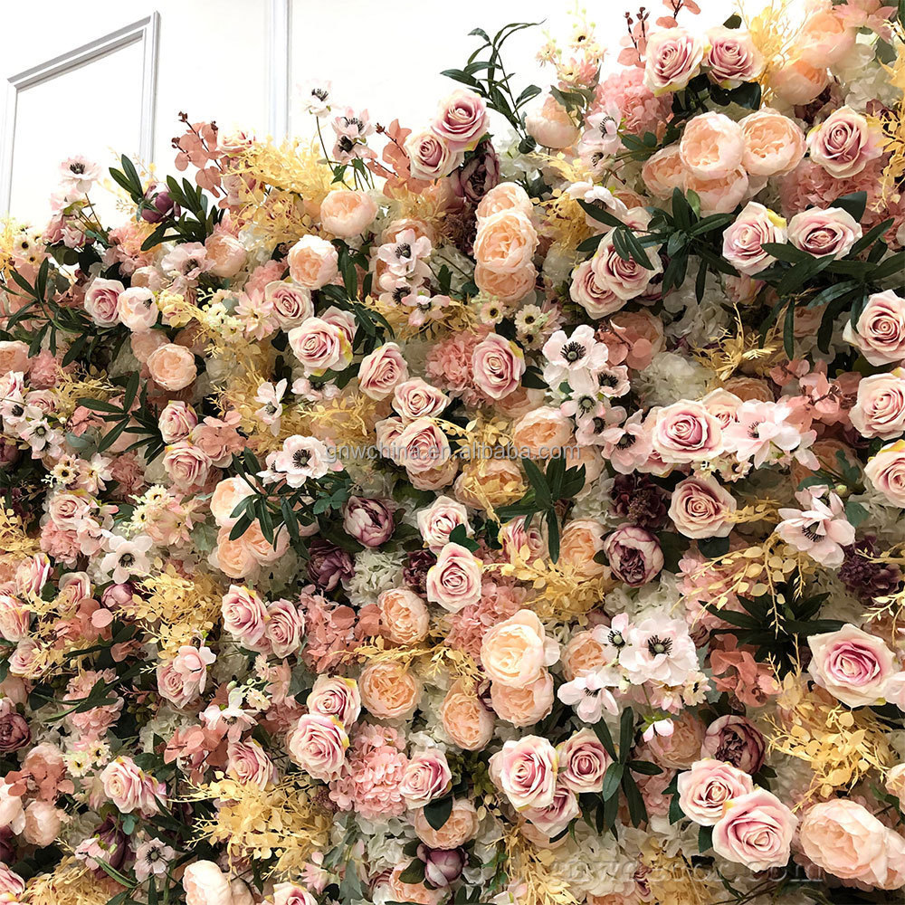 GNW Supplies Nice Quality 3D Wedding Decor Backdrop Plant Silk Roll-up Panel Artificial Flowers Decorative Rose Wall