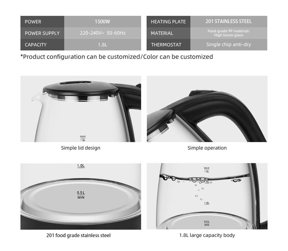 Tea Water Fast Boil Hot Kettles Hotel Price Transparent 1500w Glass Cordless Electric Jug Kettle