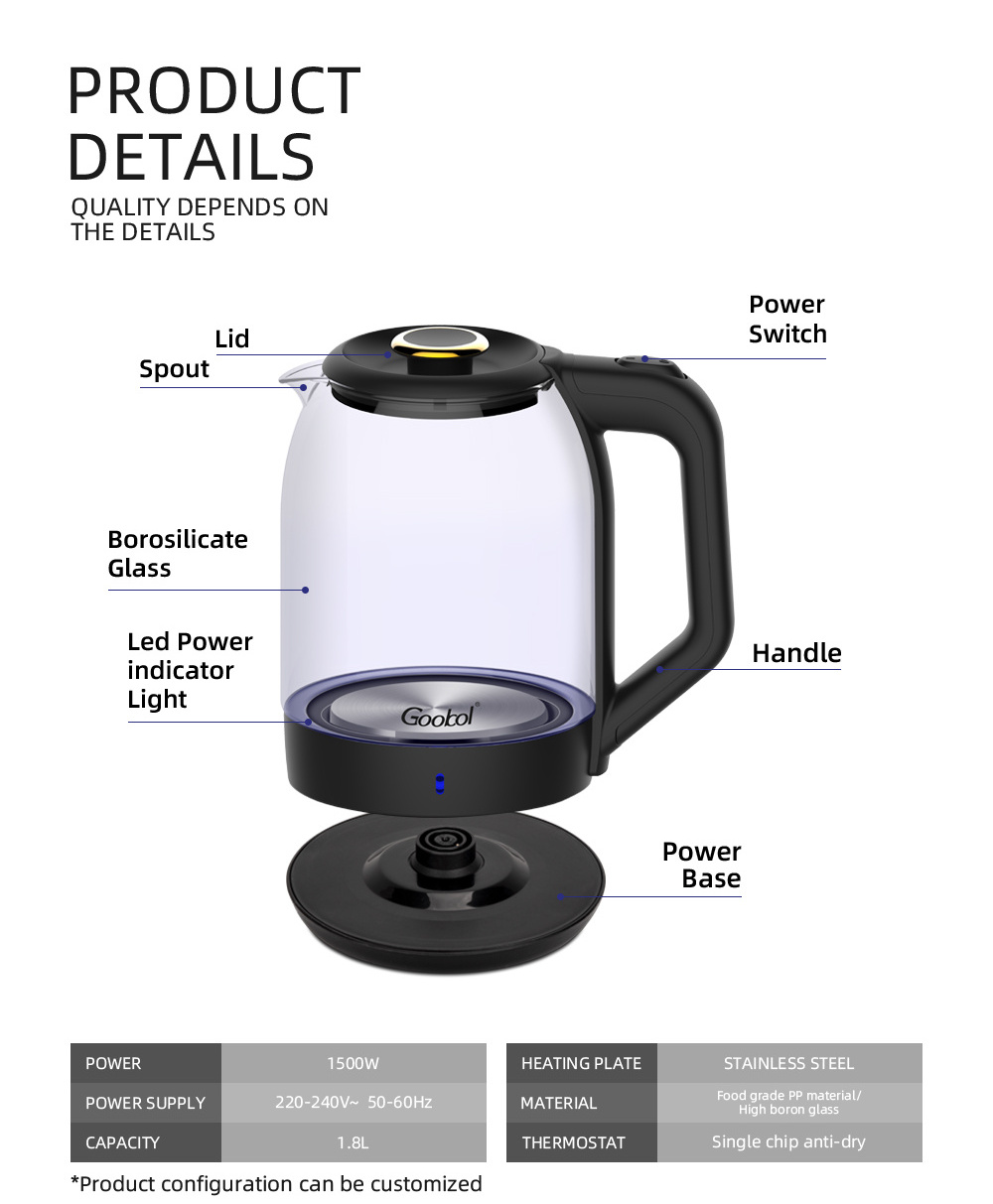 Sell like hot cakes 2.0L 1500W Electric Water Cordless Glass Kettle electric kettle stainless steel