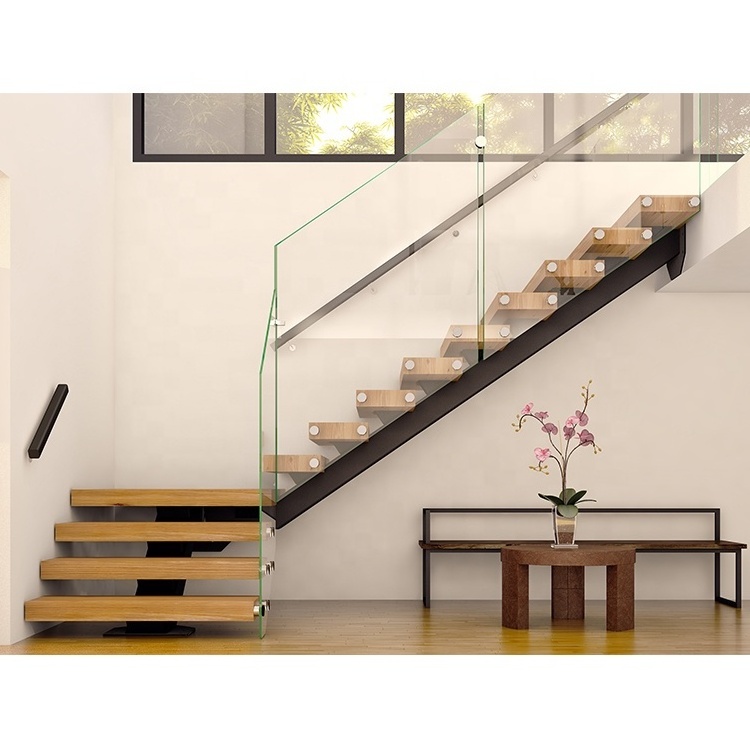 Top Sales Red Oak Wood Tread Indoor Stair Whit Light Steel Railing Handrail Support Bracket Spine Middle Stringer Staircase