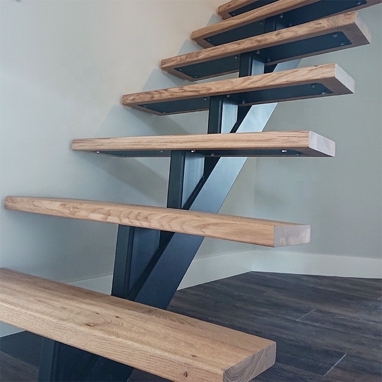 Top Sales Red Oak Wood Tread Indoor Stair Whit Light Steel Railing Handrail Support Bracket Spine Middle Stringer Staircase