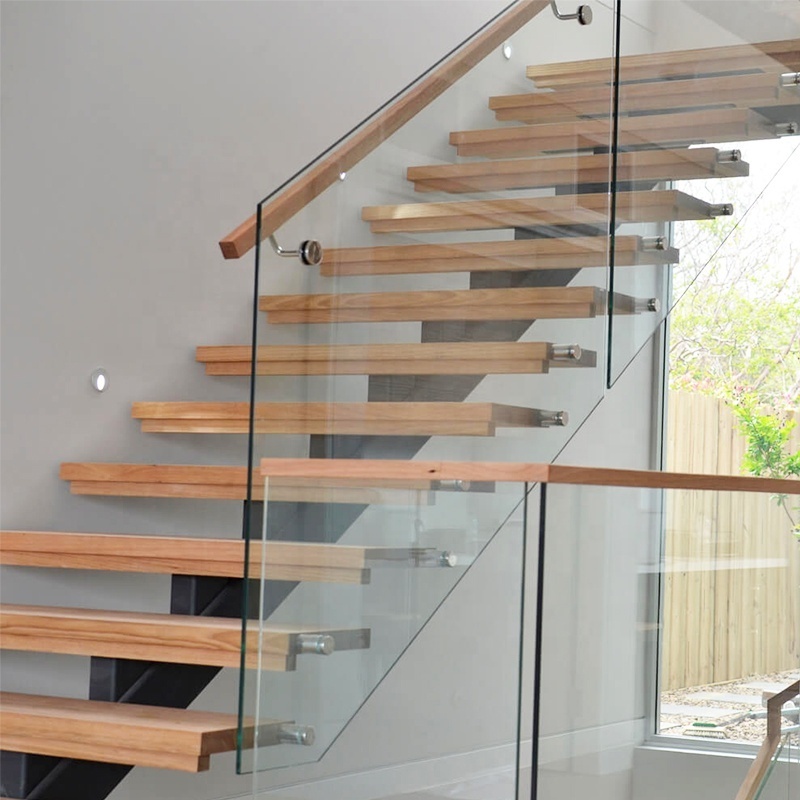 Hot Sale Indoor Floating Staircase With Metal Bracket Stringer Support Oak Tread Handrail Stainless Standoff Glass Railing Stair