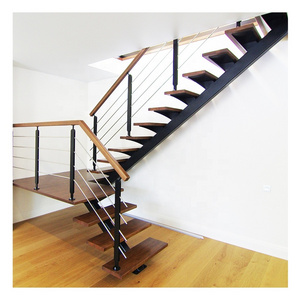 China Factory Seller Stainless Steel Column Cable Balustrade Stringer Staircase Red Oak Wood Tread Stair House Indoor