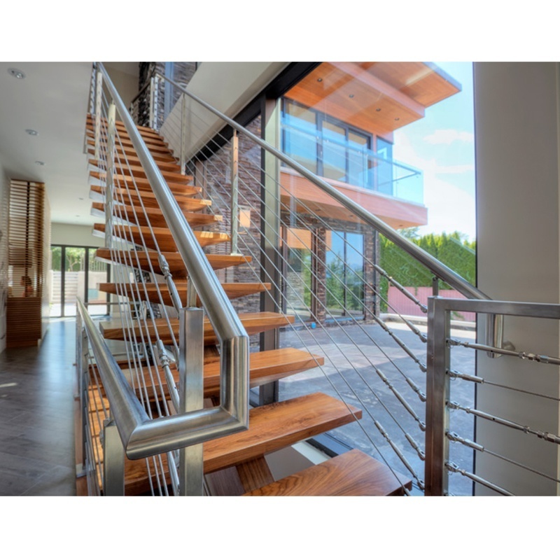 China Factory Seller Stainless Steel Column Cable Balustrade Stringer Staircase Red Oak Wood Tread Stair House Indoor