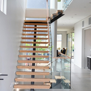 Hot Sale Indoor Floating Staircase With Metal Bracket Stringer Support Oak Tread Handrail Stainless Standoff Glass Railing Stair