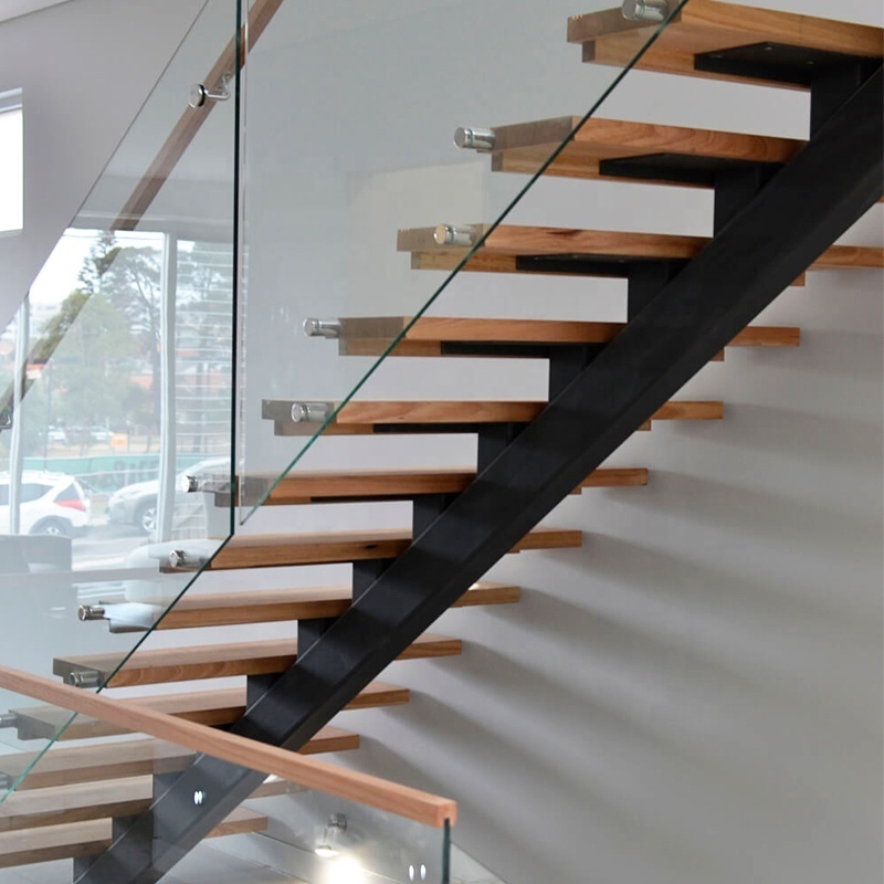 Hot Sale Indoor Floating Staircase With Metal Bracket Stringer Support Oak Tread Handrail Stainless Standoff Glass Railing Stair