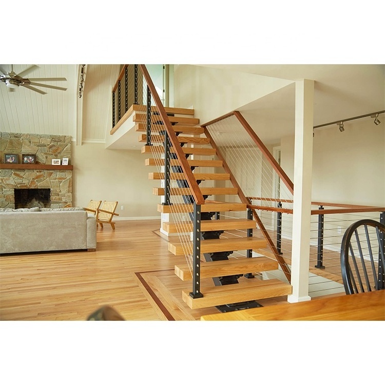 Top Sales Red Oak Wood Tread Indoor Stair Whit Light Steel Railing Handrail Support Bracket Spine Middle Stringer Staircase