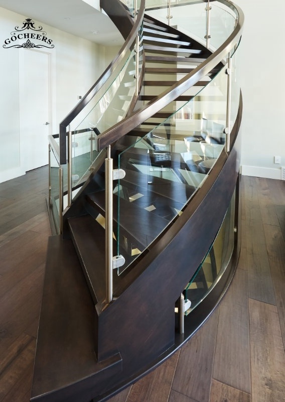 GC wood stair treads prefab houses modern luxury villa metal curve staircase