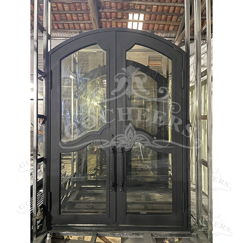 GC iron glass mpdern french double door wrought iron entry door metal exterior front door for houses