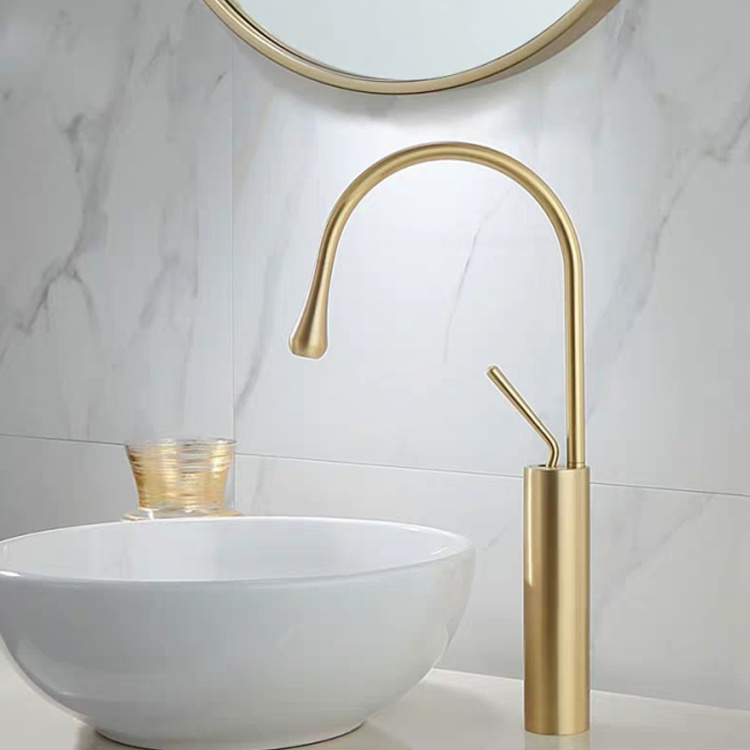 Fashion Style Brushed Gold Swan Neck Basin Faucet Hot and Cold Water Deck Mounted Bathroom Wash Mixer Tap